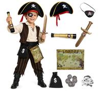 Yeria Set di 7 accessori per costume da pirata, cappello da pirata con benda sull'occhio, spada, telescopio, mappa del tesoro, anello portamonete, abbigliamento da pirata, forniture per feste per