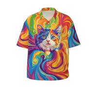 Yesad Camicia da uomo, con bottoni, a maniche corte, casual con grafica, elegante camicia estiva da spiaggia, Gatto colorato., XL