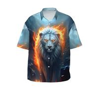 Yesad Camicia da uomo, con bottoni, a maniche corte, casual con grafica, elegante camicia estiva da spiaggia, Il Re Leone, L