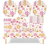 YESAH Set di stoviglie per feste a tema floreale con margherite, 53 pezzi, con piatti di carta, bicchieri, tovaglioli, tovaglia riutilizzabile, forniture per feste a tema floreale, per compleanni