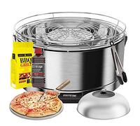 YesEatIs by FEUERDESIGN - MAYON Grill in Acciaio Inox - Kit con Gel ACCENSIONE + CARBONELLA 3 kg + Pinza + Pietra Pizza + Cupola Inox