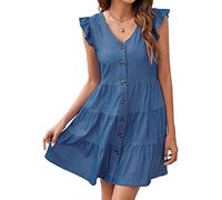 Yesgirl Abito da donna, casual, estivo, in jeans, a maniche a 3/4, con scollo a V, con volant, lunghezza al ginocchio, per il tempo libero, C blu scuro., M