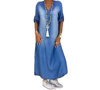 Yesgirl Abito Estivo da Donna Boho in Denim Estivo Donna Casual Jeans Scollo A V Maniche Lunghe Gonna A Pieghe A-Line Maxi Denim Camicia A Tunica Abito Camicetta B Blu L