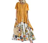Yesgirl - Abito lungo Boho da donna in cotone e lino bohèmien con maniche lunghe, elegante maxi abito estivo da donna, taglia forte, informale, G GIALLO, XXXXXL