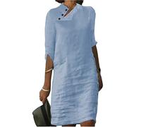 Yesgirl Vestiti da Donna Estivi Scollo V Manica Corta Vestiti Casual Abito in Lino Eleganti Tinta Unita Vestito Boho Abiti al Ginocchio Larghe Abito da Spiaggia B Blu XL