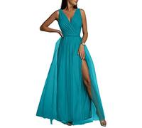 Yesgirl Vestito da Cerimonia Donna Elegant Vestiti Lungo con Spacco Scollo a V Senza Maniche Abito da Sera Damigella d' Onore Vestiti Cocktail Abiti Vita Alta Abito da Festa A Blu L