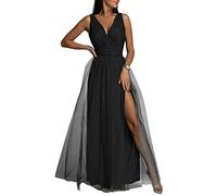 Yesgirl Vestito da Cerimonia Donna Elegant Vestiti Lungo con Spacco Scollo a V Senza Maniche Abito da Sera Damigella d' Onore Vestiti Cocktail Abiti Vita Alta Abito da Festa A Nero M