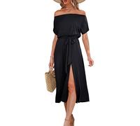 Yesgirl Vestito Donna Abito Estivo Maniche Corte Girocollo Abito Lungo Casual Vintage Boho Vestiti a Pois Abiti Midi Stile Scampanato Vestito con Cintura C Nero M