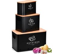 YESLUSY Porta Patate Cucina, Set di 3 Contenitore per Patate, Cipolle e Aglio con Coperchio in Bambù e Fori di Ventilazione, Contenitori Salvaspazio Cucina Design Retrò Design Retrò (Nero)