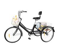 YESTAIM Triciclo Per Adulti 24 Pollici Bicicletta Per Anziani a Due Cestini Per Adulti a 7 Marce leggero Regolabile in Altezza Pieghevole Porta Bicchieri (Nero)