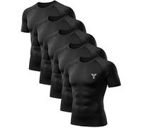 YESWEL Confezione da 5 Maglie Compressive Uomo A Maniche Corte, Indumento Tecnico Traspirante Ad Asciugatura Rapida, Strato Base Leggero Perfetto per Corsa, Fitness E Palestra (Nero, L)