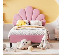 Yeutre Lettino per bambini da bambina 90 x 200, letto singolo imbottito con testiera regolabile in altezza a forma di petalo, rete a doghe, letti singoli, per ragazza adolescente, velluto (colore rosa