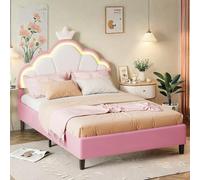 Yeutre Letto Matrimoniale Imbottito 140 x 200, Letto Principessa Ragazza 2 Persone con Testa di Letti LED Regolabile in Altezza a Forma di Corona, Rete per Lattini, Letti per Bambini per Ragazza