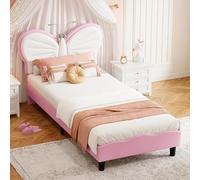 Yeutre Letto per bambini da bambina 90 x 200, letto singolo imbottito con testiera regolabile in altezza a forma di farfalla e e-book, rete a doghe per letto singolo per ragazza adolescente, velluto+
