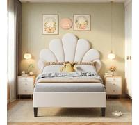 Yeutre Letto singolo imbottito 90 x 200, letto per bambini e bambine con testiera regolabile in altezza a forma di petalo, rete a listelli, letti per 1 persone per ragazza adolescente, velluto, beige