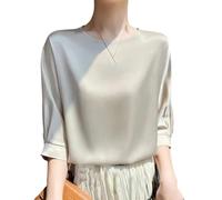 Yeuyyben Camicetta da donna classica tinta unita sottile mezza manica O-collare allentato slim camicia pullover da donna, Champagne, M