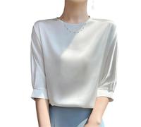 Yeuyyben Camicetta da donna classica tinta unita sottile mezza manica O-collare allentato slim camicia pullover da donna, bianco, S