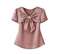 Yeuyyben Camicette eleganti da donna in raso con scollo a V manica corta annodato fiocco tinta unita top donna camicia da festa, Pnnrk, L