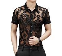 Yeuyyben Camicia Nera Trasparente per Uomo Sexy Manica Corta Fiore A Rete in Pizzo Top Blu