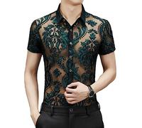Yeuyyben Camicia Nera Trasparente per Uomo Sexy Manica Corta Fiore A Rete in Pizzo Top Blu