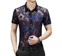 Yeuyyben Camicia Nera Trasparente per Uomo Sexy Manica Corta Fiore A Rete in Pizzo Top Blu