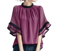 Yeuyyben Elegante camicetta da donna patchwork moda camicia estiva O collo corto svasato manica da lavoro top tunica camicia allentata, Porpora, S