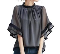 Yeuyyben Elegante camicetta da donna patchwork moda camicia estiva O collo corto svasato manica da lavoro top tunica camicia allentata, Grigio scuro, XL