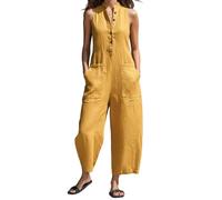 Yeuyyben Tuta da donna senza maniche con colletto alla coreana a gamba larga, a vita alta, tasca da ufficio, casual, elegante, un pezzo, Giallo, S