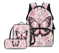 Yexignaon Zaino da scuola per ragazze 6-7 8-9 9-10 anni 17 pollici zaino per bambini con scatola per il pranzo e astuccio per la scuola elementare, farfalla rosa, Zaini da viaggio