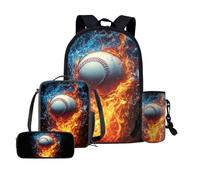 Yexignaon Zaino per la scuola elementare per ragazzi con borsa per il pranzo da 43,2 cm, set da 4 pezzi, zaino da viaggio per bambini, Fire Baseball, Zaino daypack