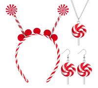 Yezmo 4PCS Candy Cane Fascia Set, Accessori per Costumi Da Lecca-Lecca Con Cerchietto Di Bastoncini Di Zucchero Orecchini Collana per Donne Ragazze (Rosso)