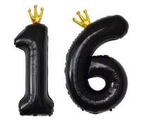YFHVJTKO Set di palloncini a forma di corona nera con numero 16 da 101 cm, decorazioni per 16° compleanno, matrimoni, addio al nubilato, fidanzamento, servizio fotografico, anniversario, decorazione