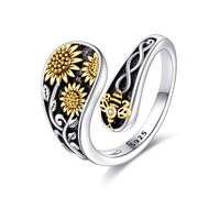 YFN - Anello da donna/uomo con girasole e ape, in argento Sterling, da regalare, 7, Argento sterling, Nessuna pietra preziosa