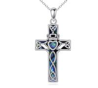 YFN Claddagh Collana a croce in argento sterling 925 con ciondolo a forma di croce celtica, abalone, conchiglia, gioielli celtici, regalo per uomo e donna
