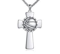 YFN Collana Croce Pallacanestro Argento Sterling Ciondolo Basketball Gioielli Basket Regalo Pallacanestro per Donna Uomo Bambina Bambino