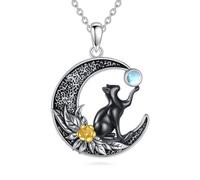 YFN Collana nera con ciondolo a forma di gatto, in argento Sterling con luna, graziosi animali, regalo per gli amanti dei gatti