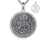 YFN Collana San Giuseppe in argento Sterling 925, per uomini e donne, con medaglione di San Giuseppe, ciondolo patrono dei lavoratori e delle famiglie con catena regolabile da 22 + 2", confezione
