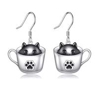 YFN Orecchini pendenti a forma di gatto nero, in argento Sterling, a forma di tazza, graziosi orecchini a forma di animale, idea regalo