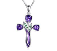 YFN S925 Collana con ciondolo a forma di croce e tulipano, elegante gioiello da donna con motivo floreale, ipoallergenico per tutti i giorni e celebrazioni, ideale come regalo per la festa della mamma