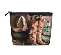 YFSGDLBN Borsa per il trucco in canapa finta stampata con stivali da cowgirl e cappello in fattoria, borsa per cosmetici da viaggio, Nero , Taglia unica