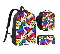 YFSGDLBN Borsa per la scuola con stampa di cuori Gay Pride colorati arcobaleno 43,2 cm borsa portapranzo set