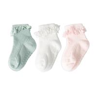 YFTRFR 3 Coppie Calzini da Neonato in Pizzo Antiscivolo, Calzini in Pizzo con Volant Volant Cotone Calze Antiscivolo Alla Caviglia Tinta Unita Bambine Ideal per Neonati, Alltag e Bapteme