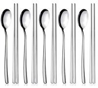 YFWOOD Set di 5 paia di Bacchette e Cucchiai, 10 Bacchette e Cucchiai Coreani in Acciaio Inox da Cucina, Riutilizzabili, in Metallo, con Manico Lungo, per Casa, Cucina o Ristorante