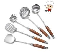 YFWOOD Set di Utensili da Cucina, 5 pezzi Set di Spatole in Acciaio Inossidabile Cucchiaio per Schiumarola Cucchiaio per Pasta Cucchiaio per Wok Spatola, Manico in Legno, Lavabile in Lavastoviglie