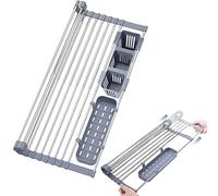 Ygapuzi Scolapiatti estensibile arrotolabile sopra il lavello, 32-50 cm, scolapiatti con portautensili, in acciaio inox, arrotolabile, per organizer da cucina (grigio)
