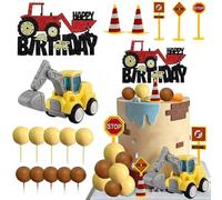 YGCHEN Figure Decorazione Torta Cantiere, Escavatori, Mini Palla, Segnali Stradali, Compleanno Tema Mezzi da Cantiere, Educazione Stradale e Decorazione Compleanno Tema Trasporti 17 Pezzi