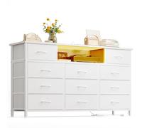 YGEOMER Comò lungo per camera da letto 65 pollici TV Stand con stazione di ricarica e luci LED, comò bianco con 11 cassetti, cassettiera in tessuto con finitura PU per camera da letto ingresso