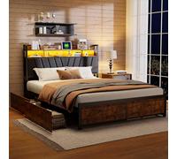 YGHQAP Letto 140 x 200 cm, con rete a doghe in metallo, letto matrimoniale con LED e stazione di ricarica USB, letto con 4 cassetti e 3 ripiani, struttura del letto con rete a doghe, senza materasso