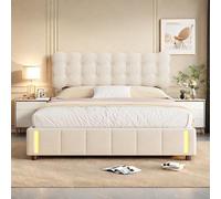 YGHQAP Letto imbottito 140 x 200 cm con illuminazione a LED, letto matrimoniale con vano portaoggetti e cassetta, schienale idraulico, struttura del letto con rete a doghe e testiera imbottita