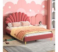 YGHQAP Letto matrimoniale imbottito 140 x 200 cm, con testiera a forma di fiore e rete a doghe in tessuto di velluto, telaio per letto per adulti e adolescenti, senza materasso (rosso-A, 140 x 200 cm)